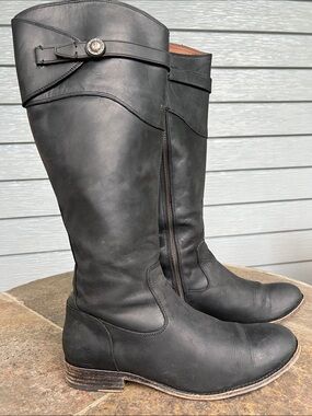 Frye Molly Button Black Leather Side Zip Tall Riding Boots Women's